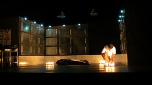 One of the moving scenes in the play after Aziz’s body has arrived in the morgue  (Photo By: Thoraia Abou Bakr)